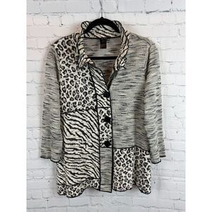 ALI MILES black white animal print button knit 3/4 sleeve cardigan sweater M